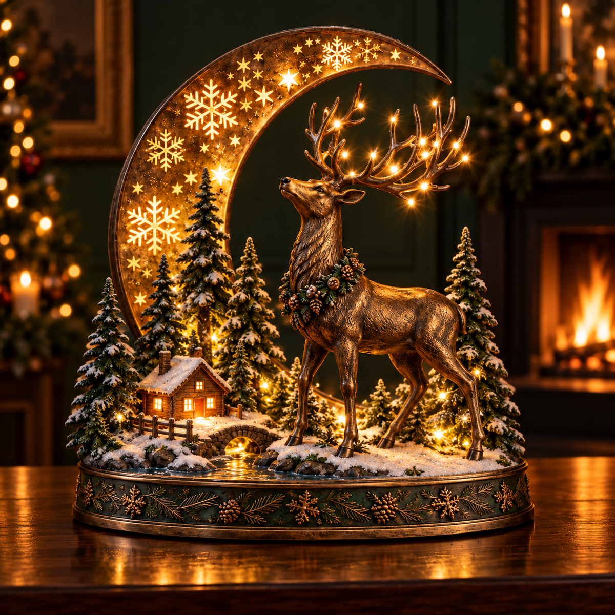 🎄🦌 Woodland Reindeer Moonlight Village – Lighted Christmas Tabletop Décor ✨
