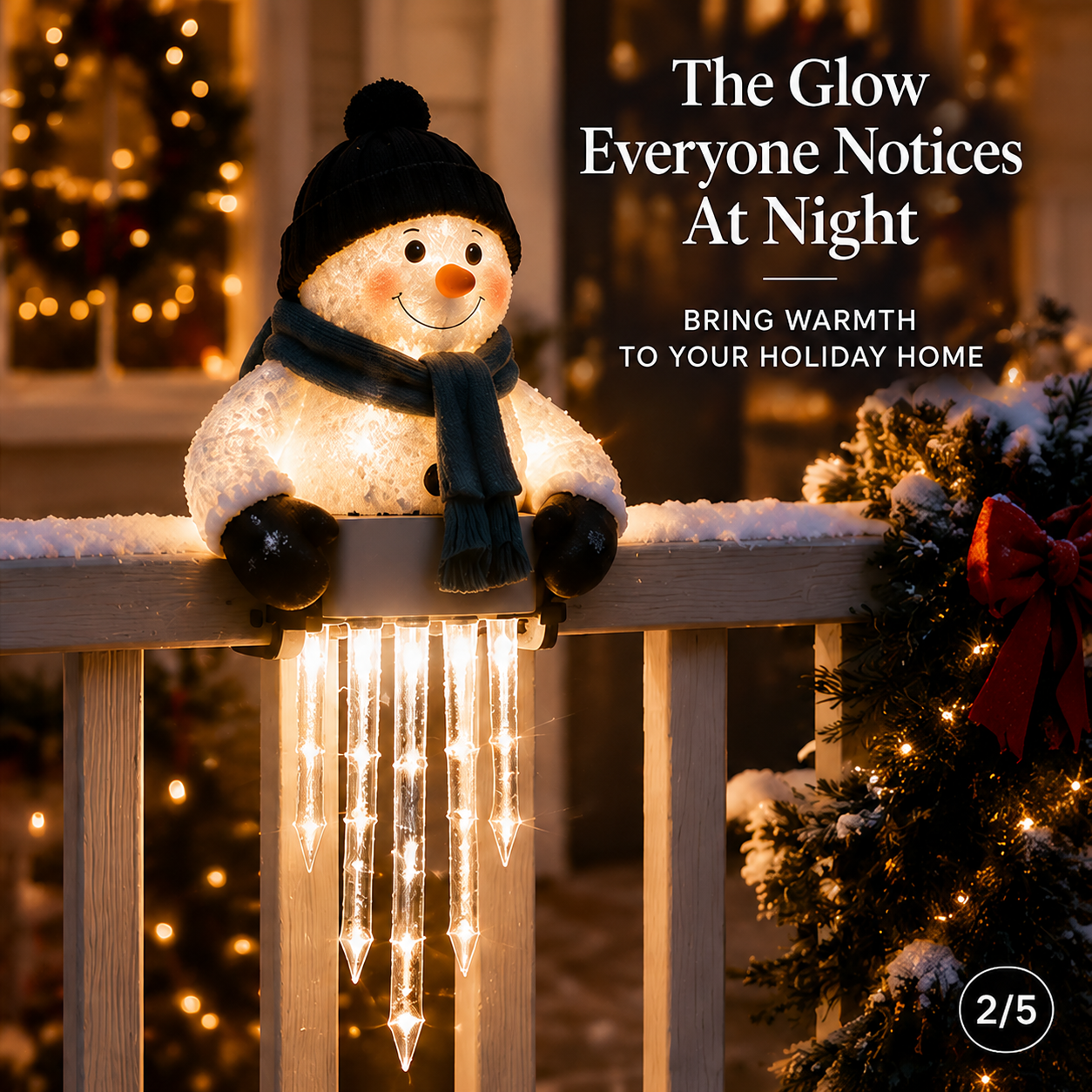 Glowing snowman icicle light at night