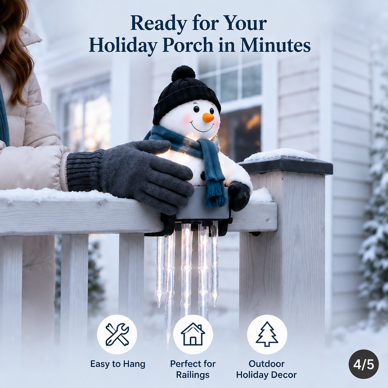 Installing WinterGlow snowman on porch railing