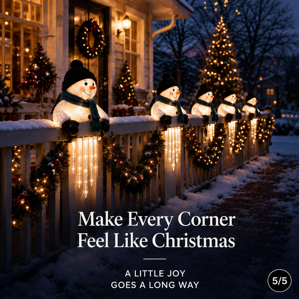 Multiple glowing snowman lights on Christmas porch railing
