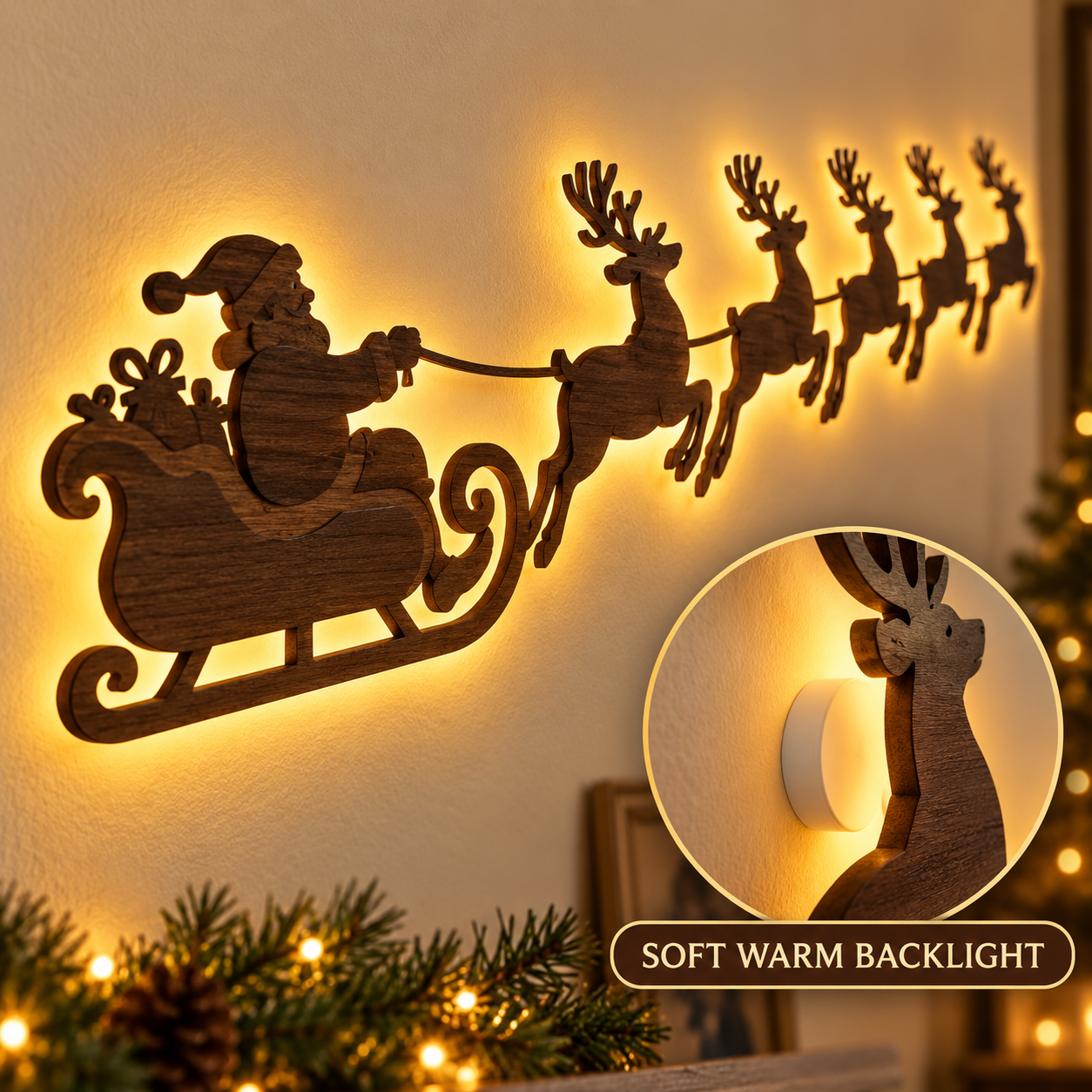 Santa’s Glowing Reindeer Flight Wall Decor