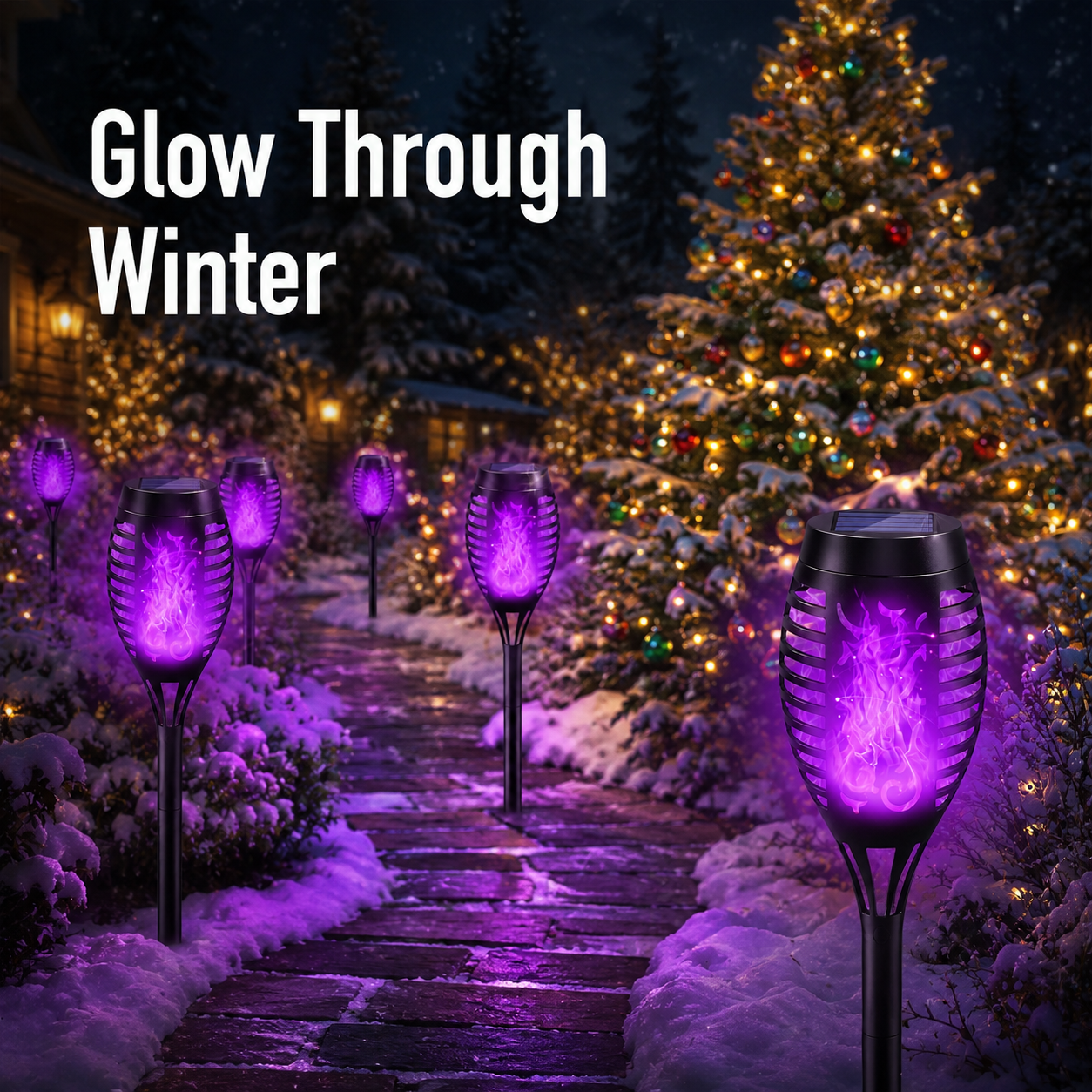 6-Pack Solar Halloween Torch Lights：Purple Flickering Flame, Waterproof Yard Pathway Patio Decor