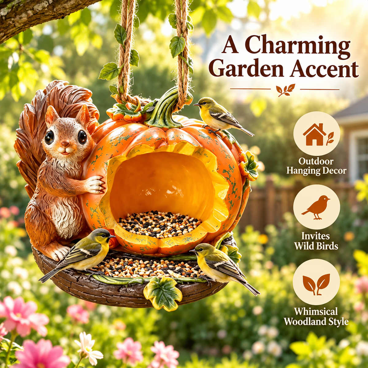 🐿️ Woodland Storybook Hanging Bird Feeder – Whimsical Garden Decor