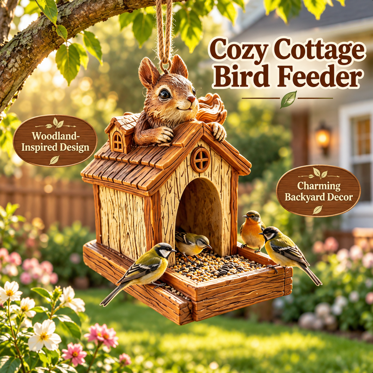 🐿️ Woodland Storybook Hanging Bird Feeder – Whimsical Garden Decor