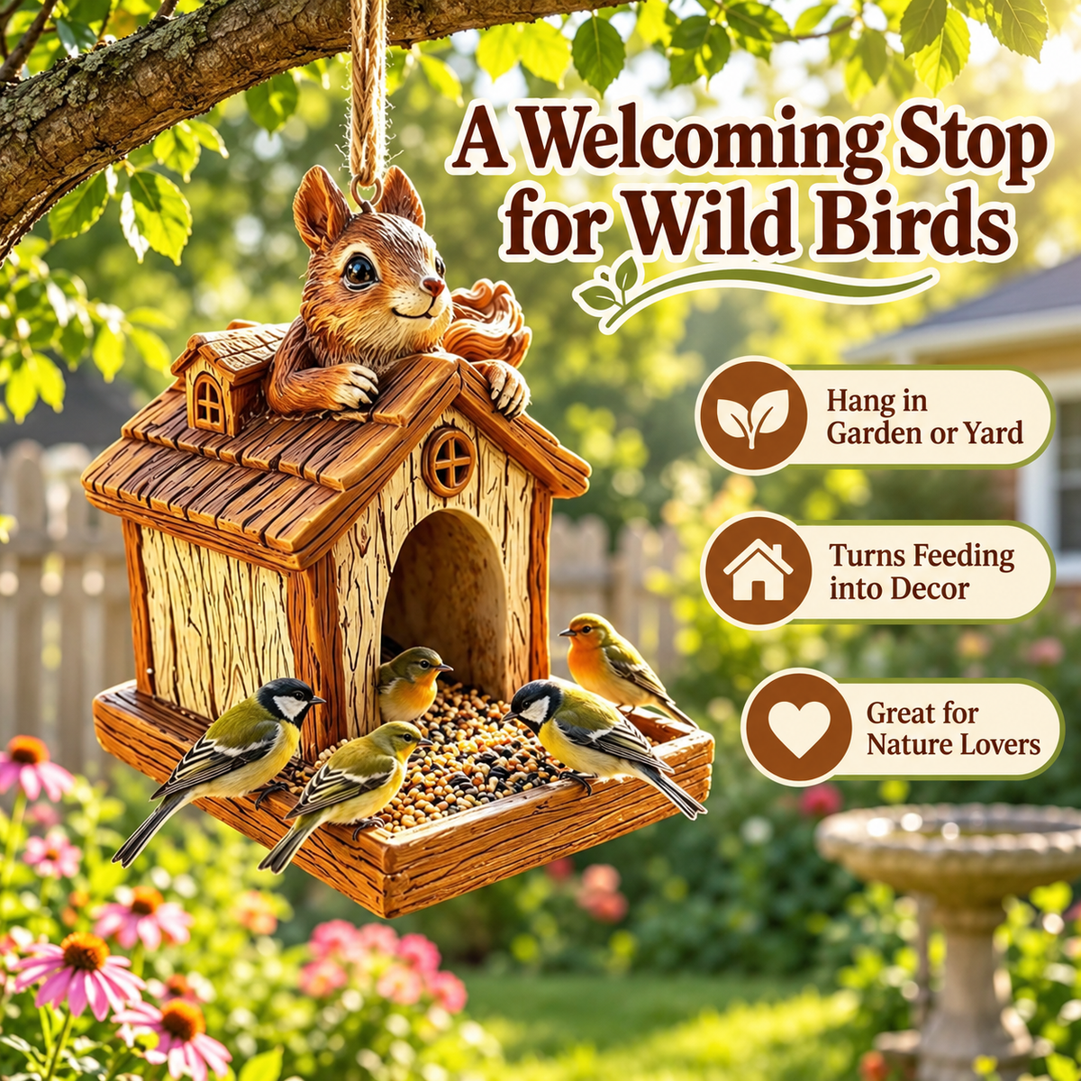 🐿️ Woodland Storybook Hanging Bird Feeder – Whimsical Garden Decor