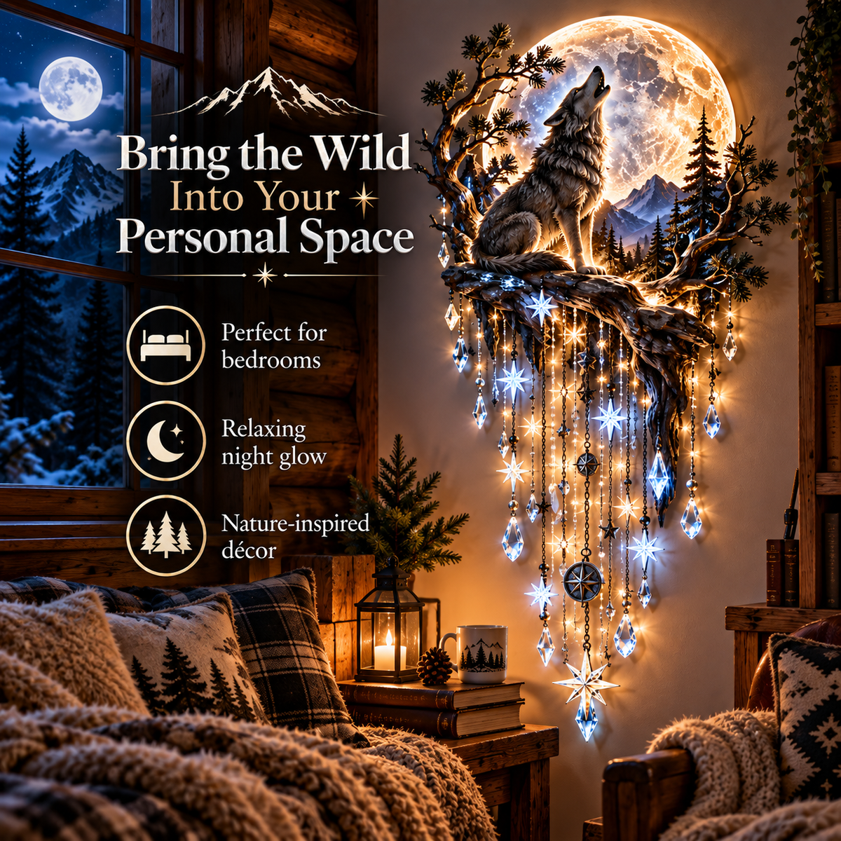 ⏳ Last Day 50% OFF-🐺🌕 Wolf Howling Moon Starfall Wall Light – Bring the Wild Home