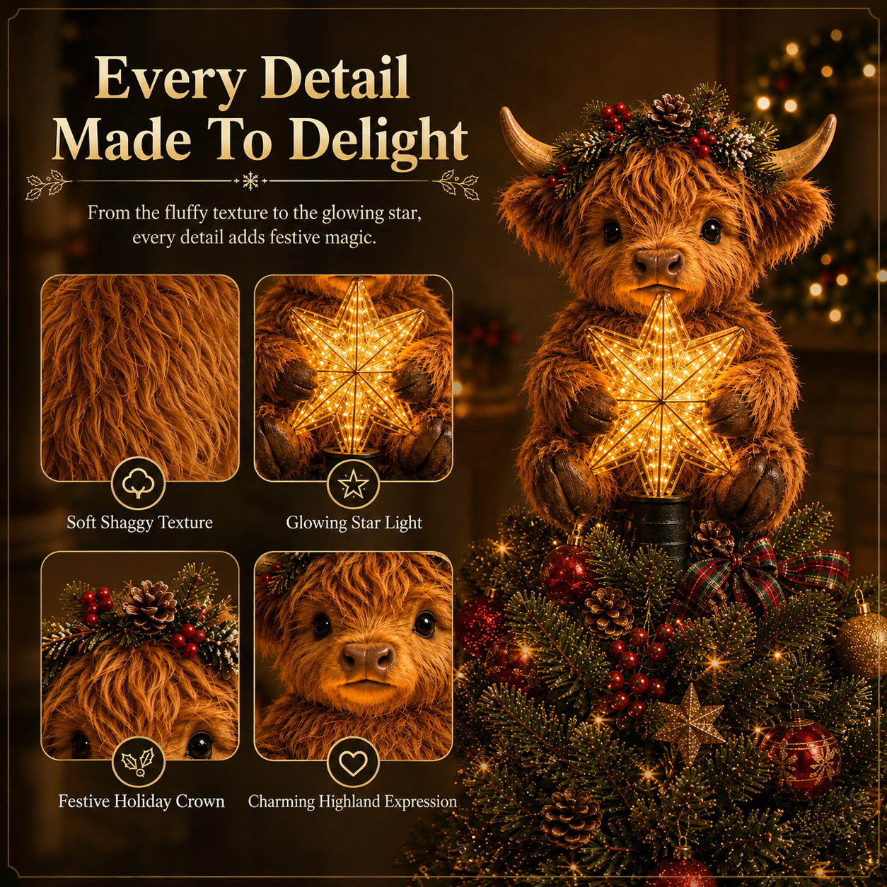 🎄Baby Highland Cow Glowing Star Tree Topper✨