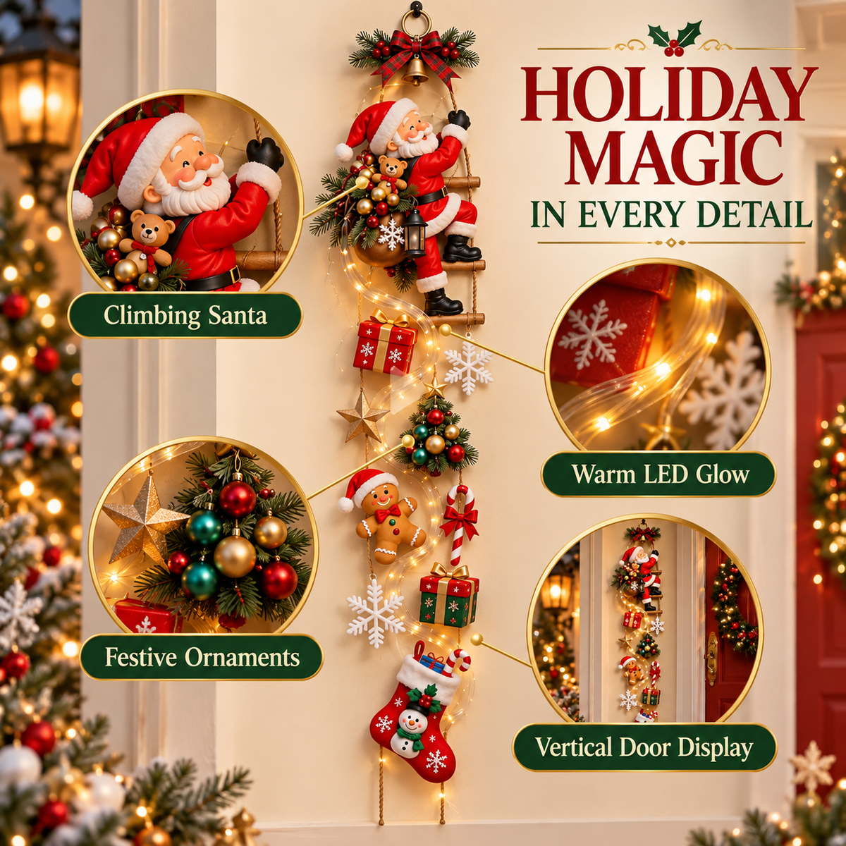 🎅 Santa’s Christmas Climb Lighted Wall Hanging | Festive Vertical Door & Entryway Décor ✨