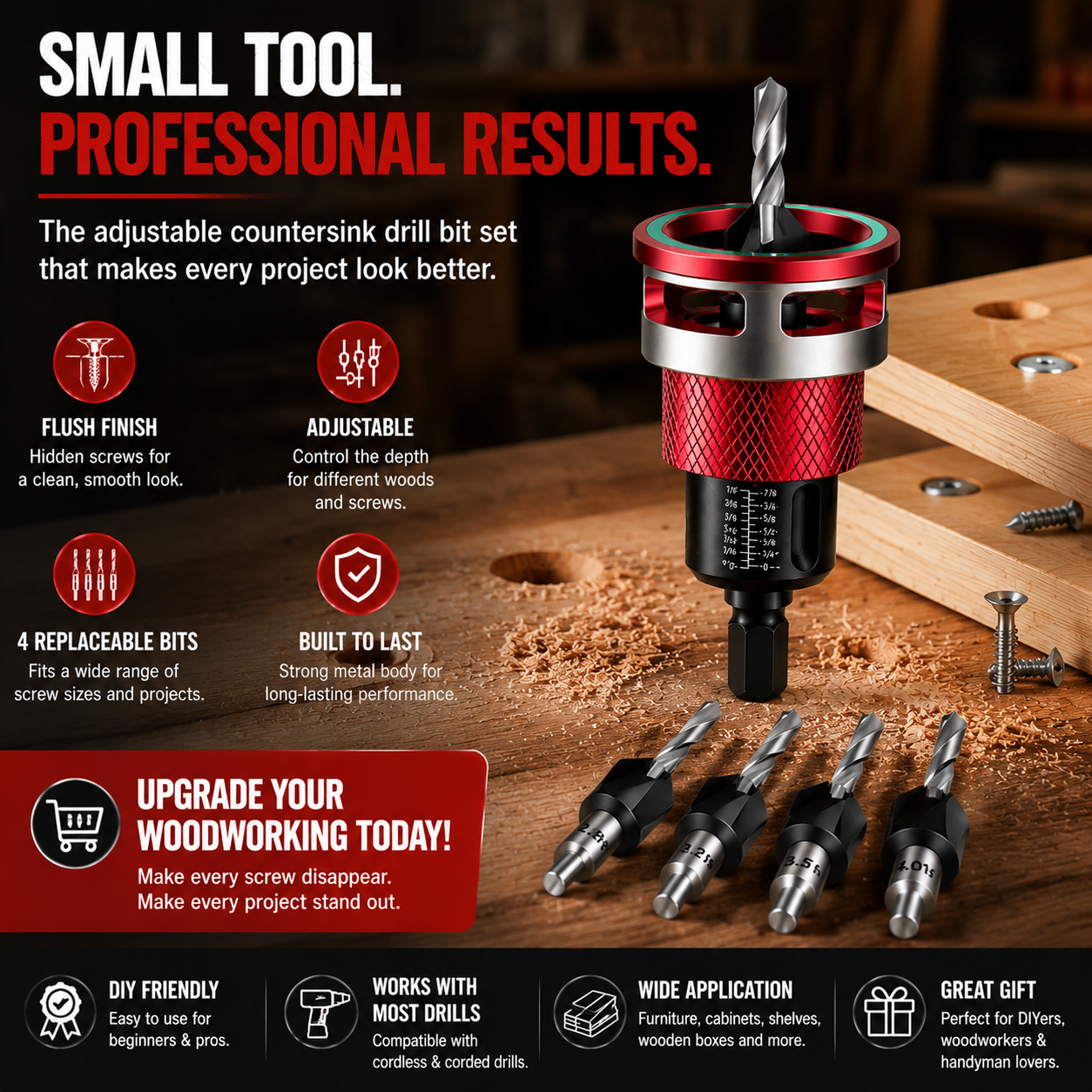 🔥 LAST DAY 50% OFF-🔩 Adjustable Countersink Drill Bit Set | Professional Woodworking Screw Finishing Tool