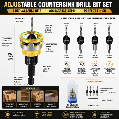 🔥 LAST DAY 50% OFF-🔩 Adjustable Countersink Drill Bit Set | Professional Woodworking Screw Finishing Tool