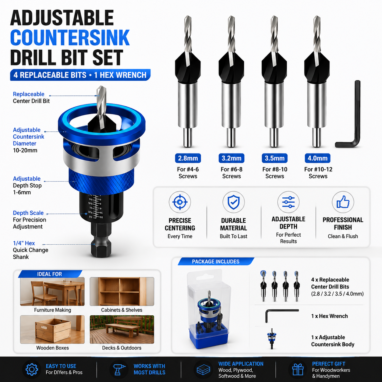 🔥 LAST DAY 50% OFF-🔩 Adjustable Countersink Drill Bit Set | Professional Woodworking Screw Finishing Tool