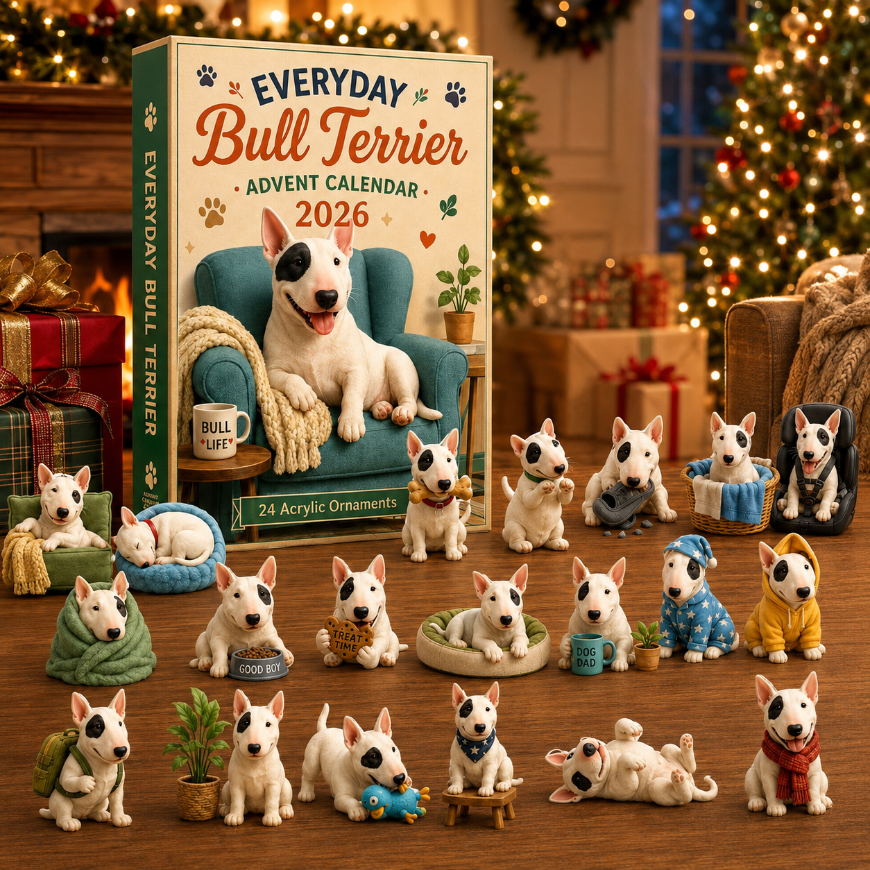 Complete Bull Terrier Advent Calendar ornament collection at Christmas