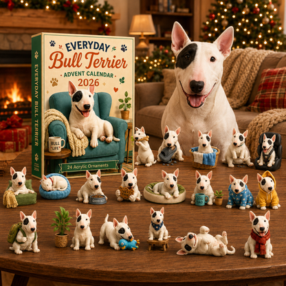 Bull Terrier dog beside the 2026 Advent Calendar ornament collection