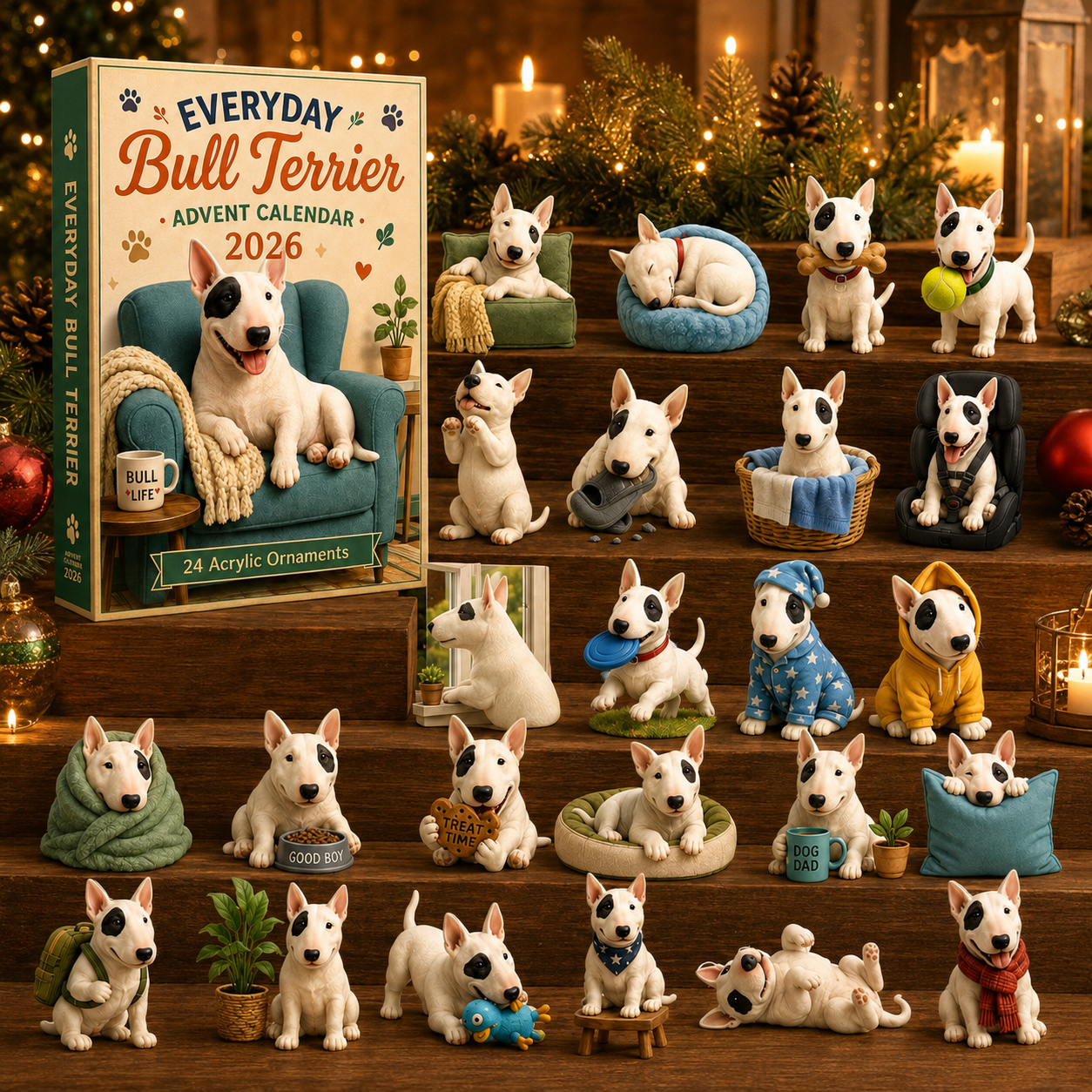 Twenty-four Bull Terrier ornaments arranged in a festive display