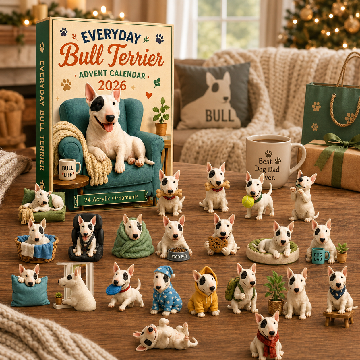 Bull Terrier Advent Calendar ornaments displayed in a cozy home
