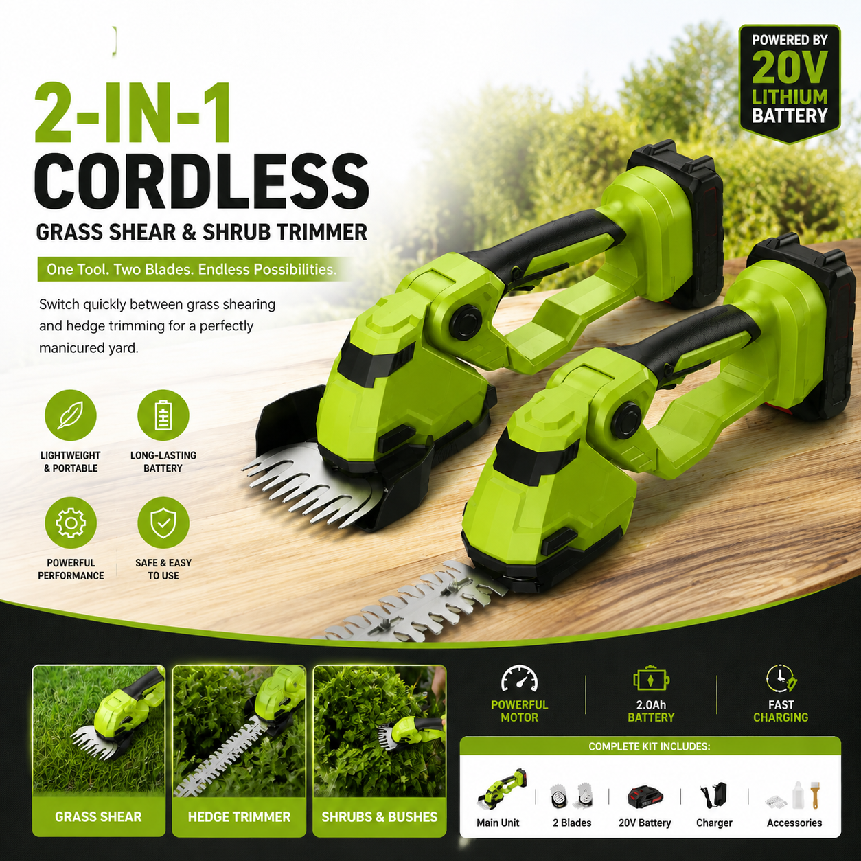 20V Cordless 2-in-1 Grass Shear & Hedge Trimmer with Battery & Charger