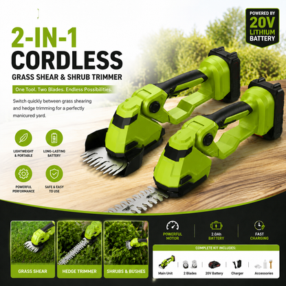 20V Cordless 2-in-1 Grass Shear & Hedge Trimmer with Battery & Charger