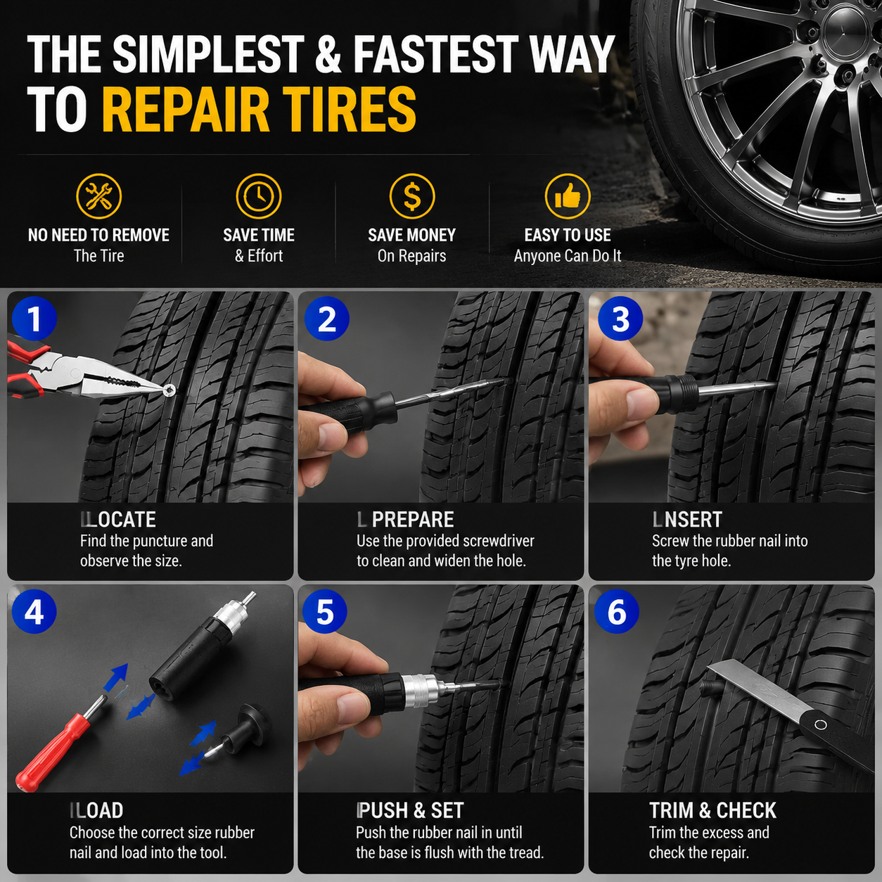 🛞 Mushroom Tire Repair Kit – Compact Roadside Puncture Tool Set