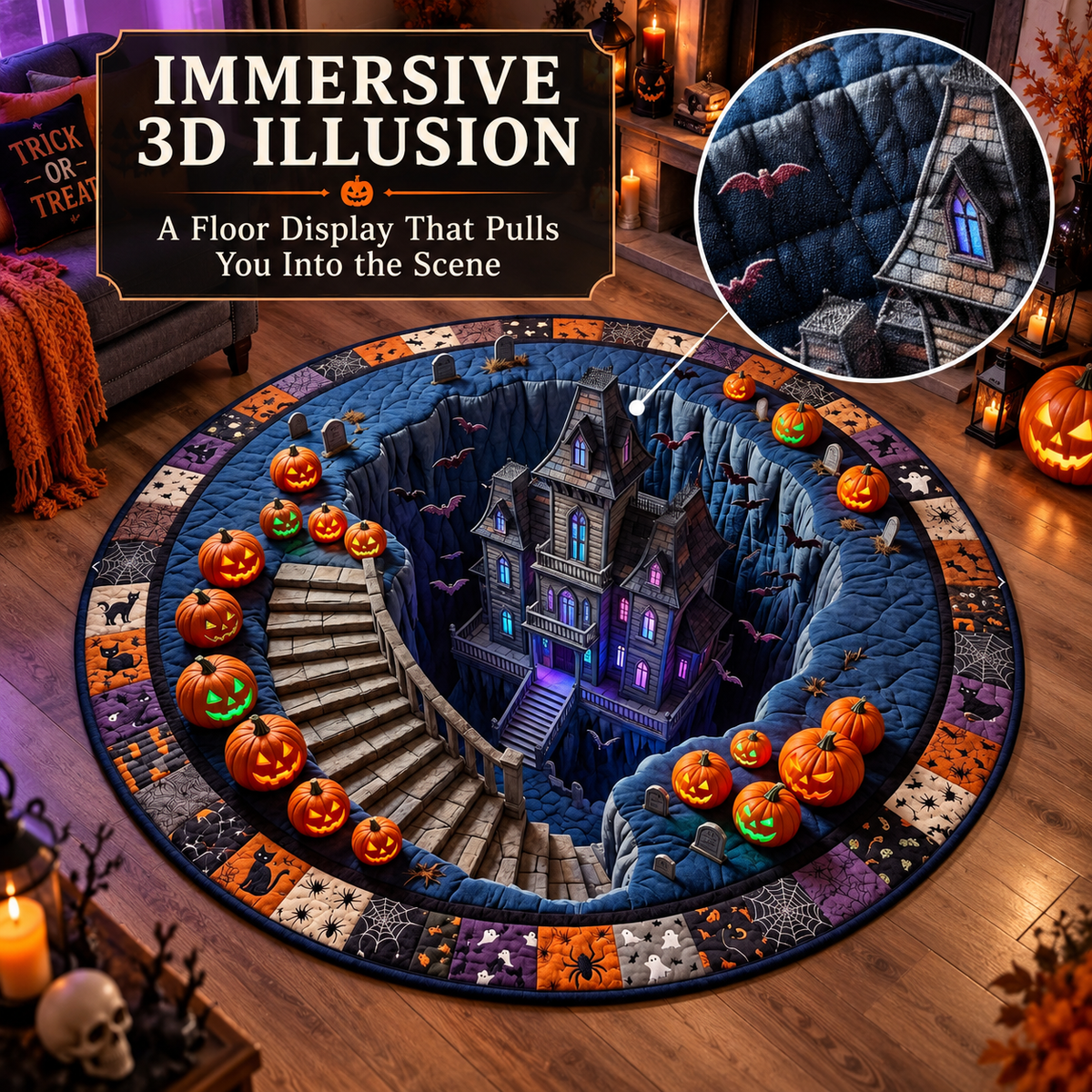 🔥Last Day - 49% OFF🔥3D Haunted Staircase Round Rug – Spooky Halloween Optical Illusion 👻