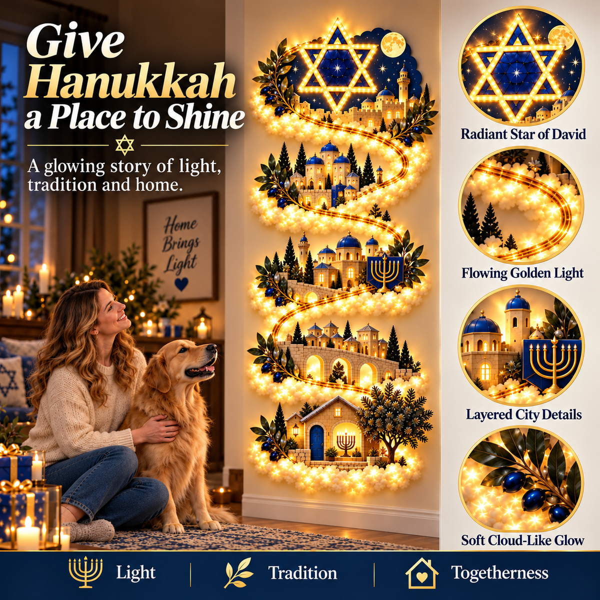 🕎 Hanukkah Festival of Lights Wall Decor Collection – 4 Glowing Designs Celebrating Eight Nights of Light ✨