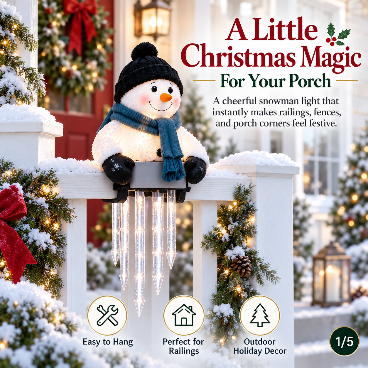 WinterGlow Snowman Icicle Light Decor on Christmas porch railing