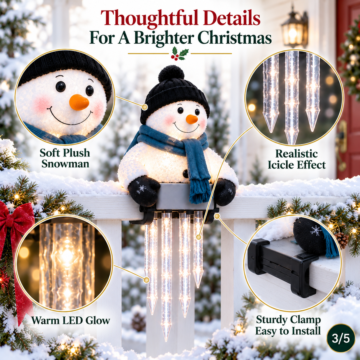 Snowman icicle light close-up details