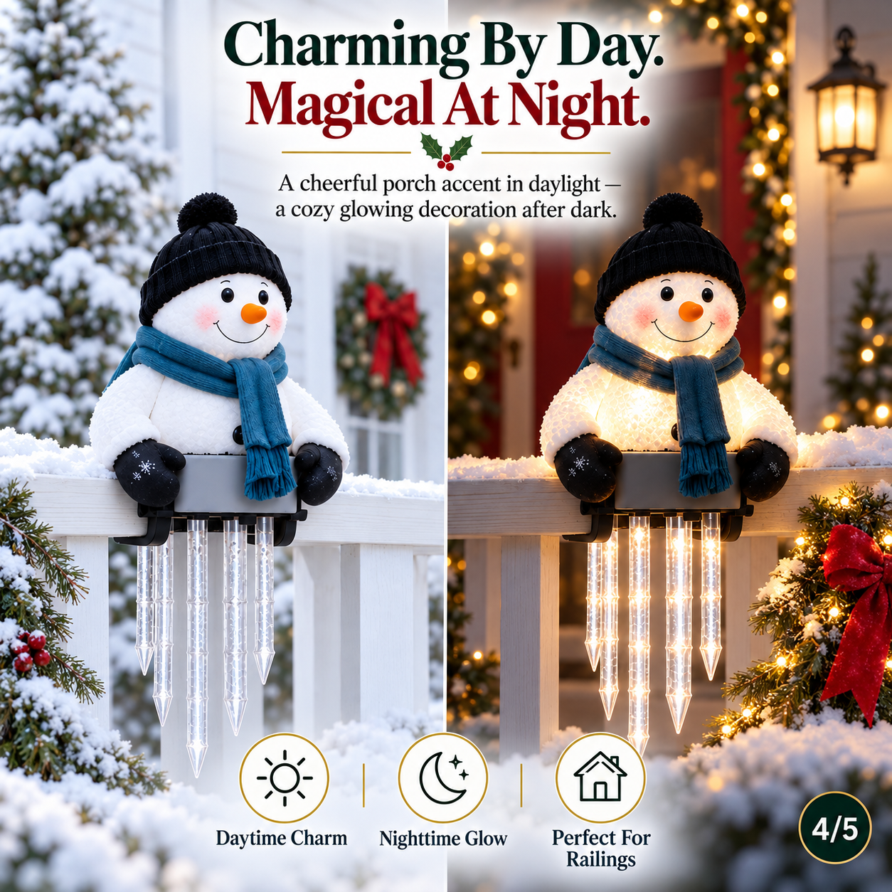 Snowman light daytime and nighttime comparison