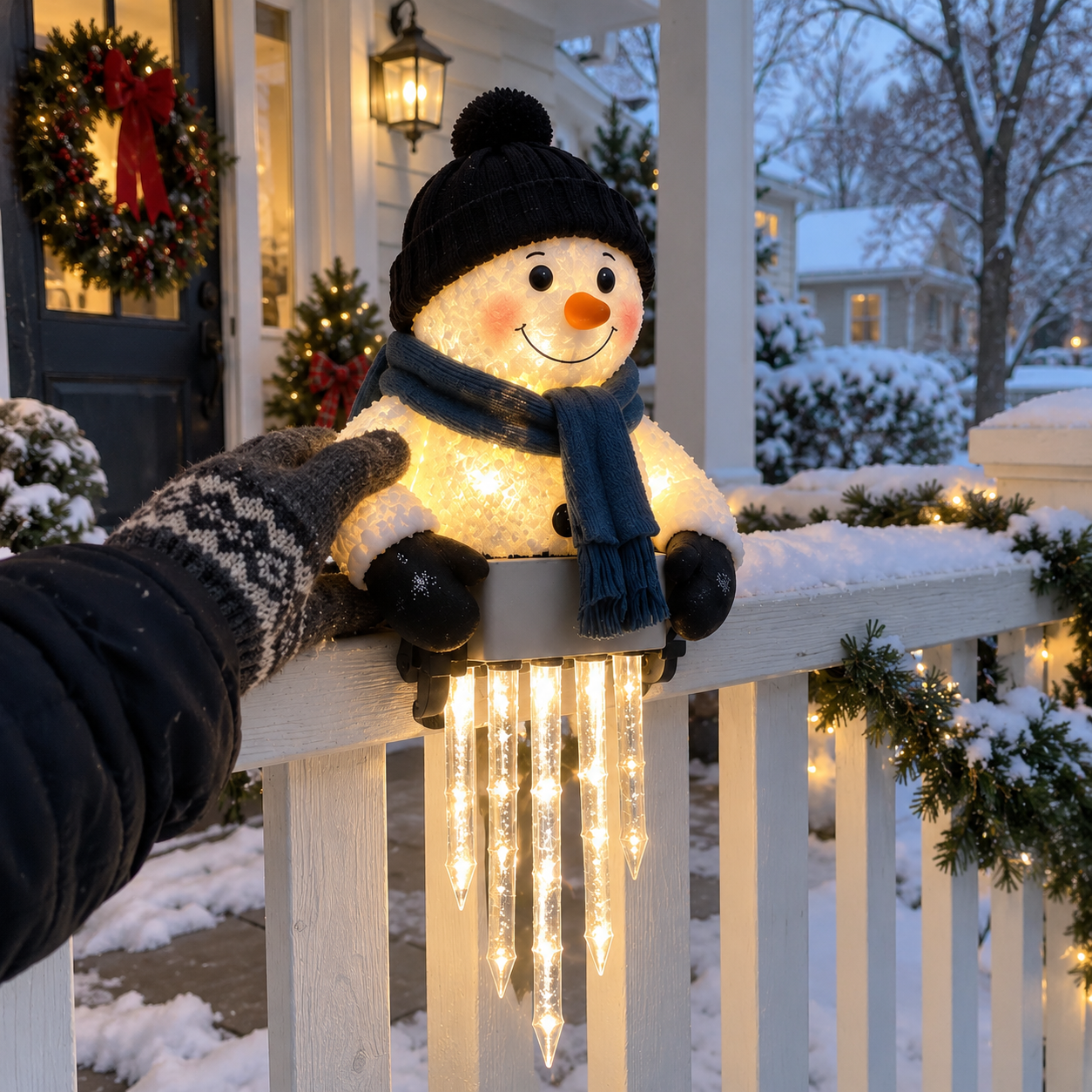 Customer adjusting glowing snowman on railing