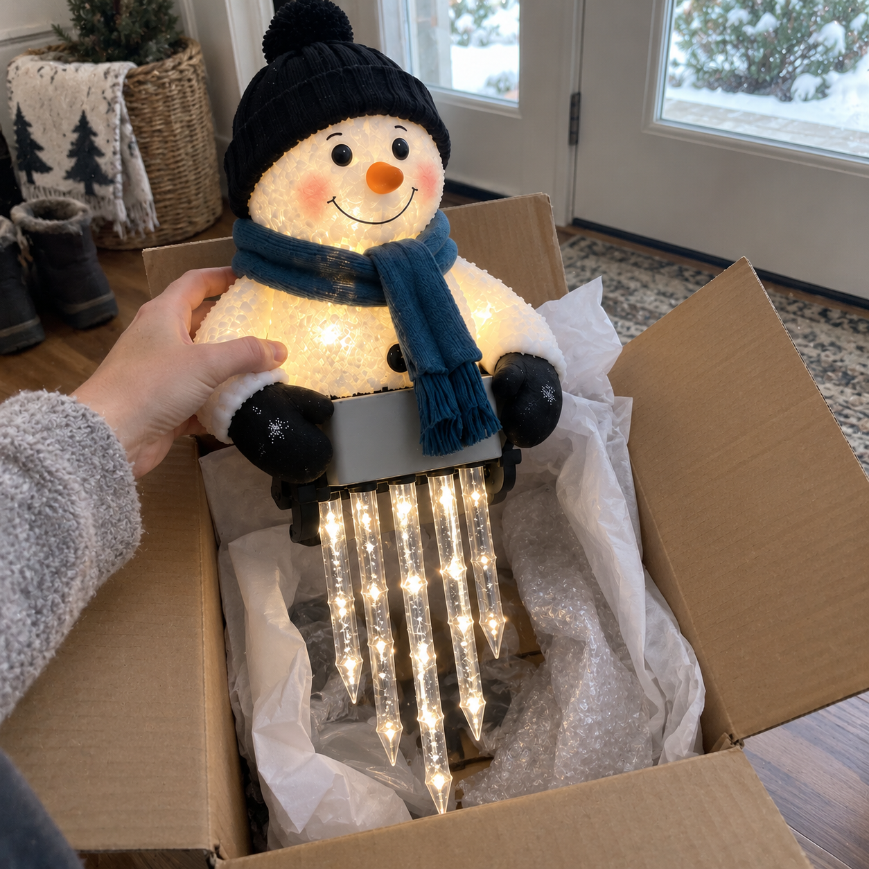 Snowman Christmas light being unpacked