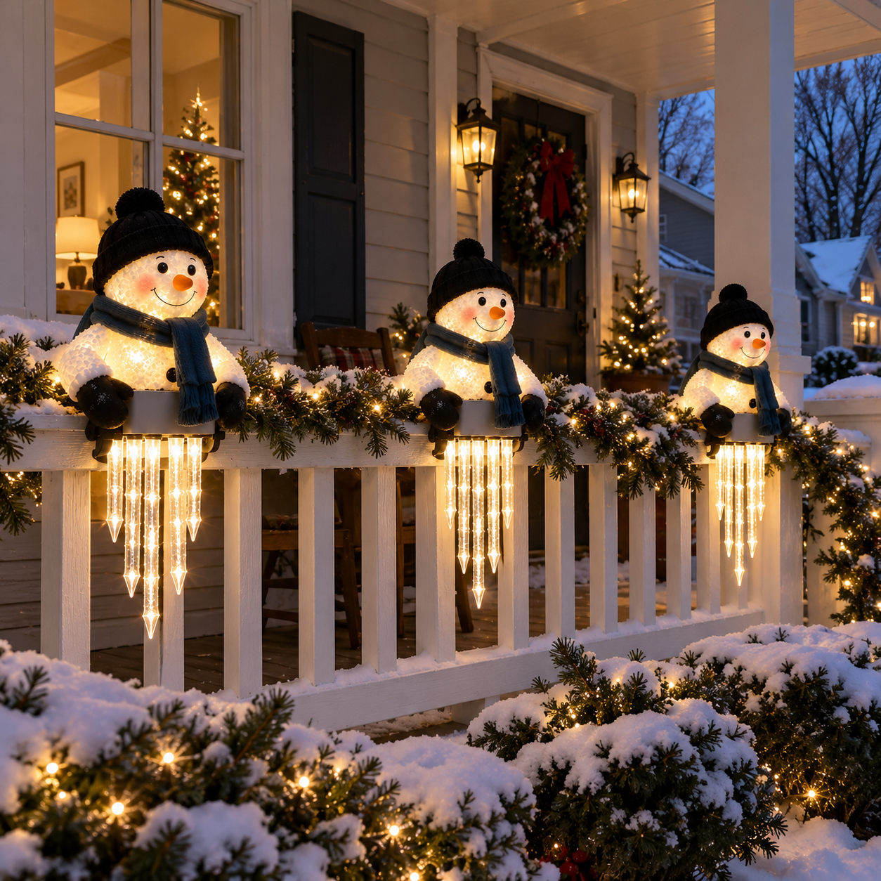 Three glowing snowman lights across porch railing