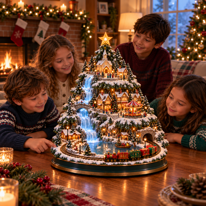 ⛷️ Lighted Christmas Village Tree – With Train& Carousel