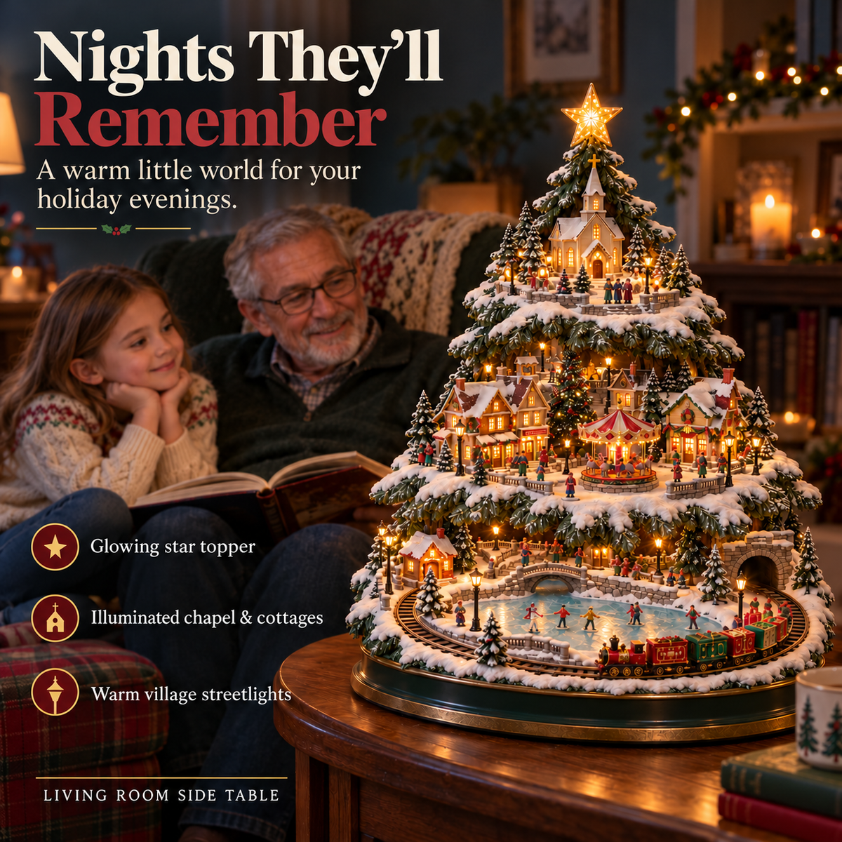 ⛷️ Lighted Christmas Village Tree – With Train& Carousel