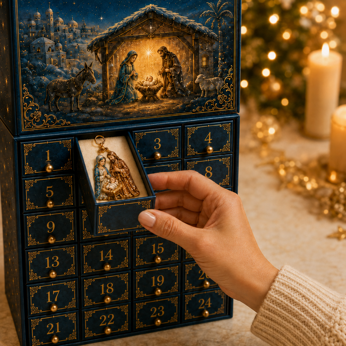 Opening a numbered drawer in the Nativity Story Advent Calendar