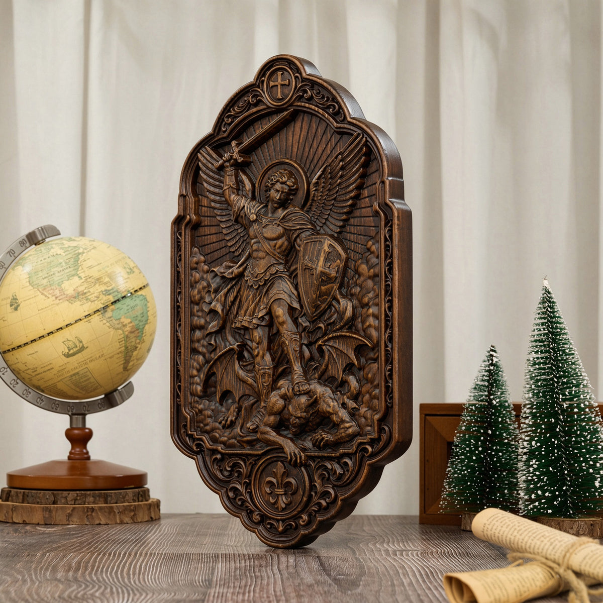St. Michael the Archangel Beechwood Wall Plaque – Carved Catholic Wall Art