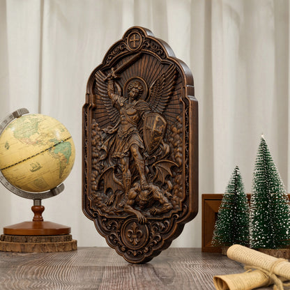 St. Michael the Archangel Beechwood Wall Plaque – Carved Catholic Wall Art
