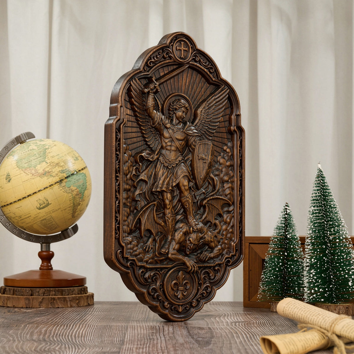 St. Michael the Archangel Beechwood Wall Plaque – Carved Catholic Wall Art