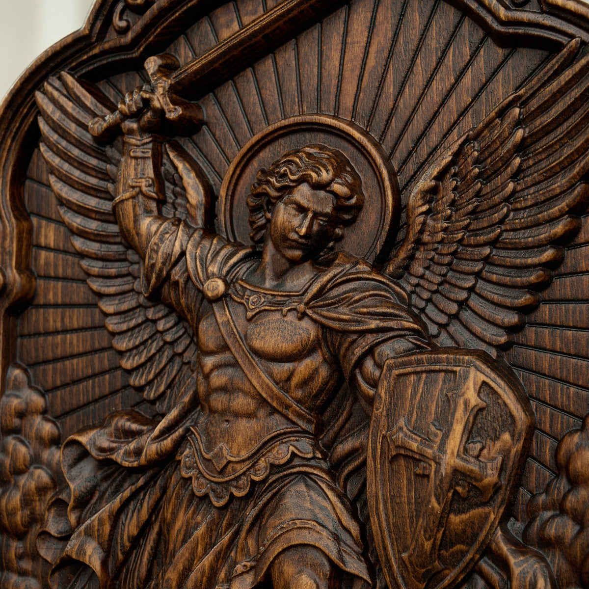 St. Michael the Archangel Beechwood Wall Plaque – Carved Catholic Wall Art