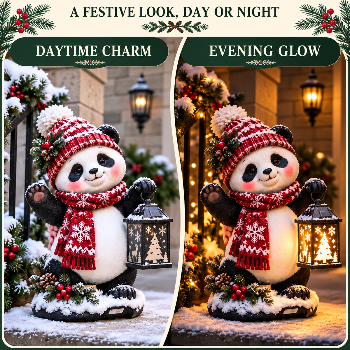 Merry Panda Lantern – Light-Up Christmas Panda Figurine