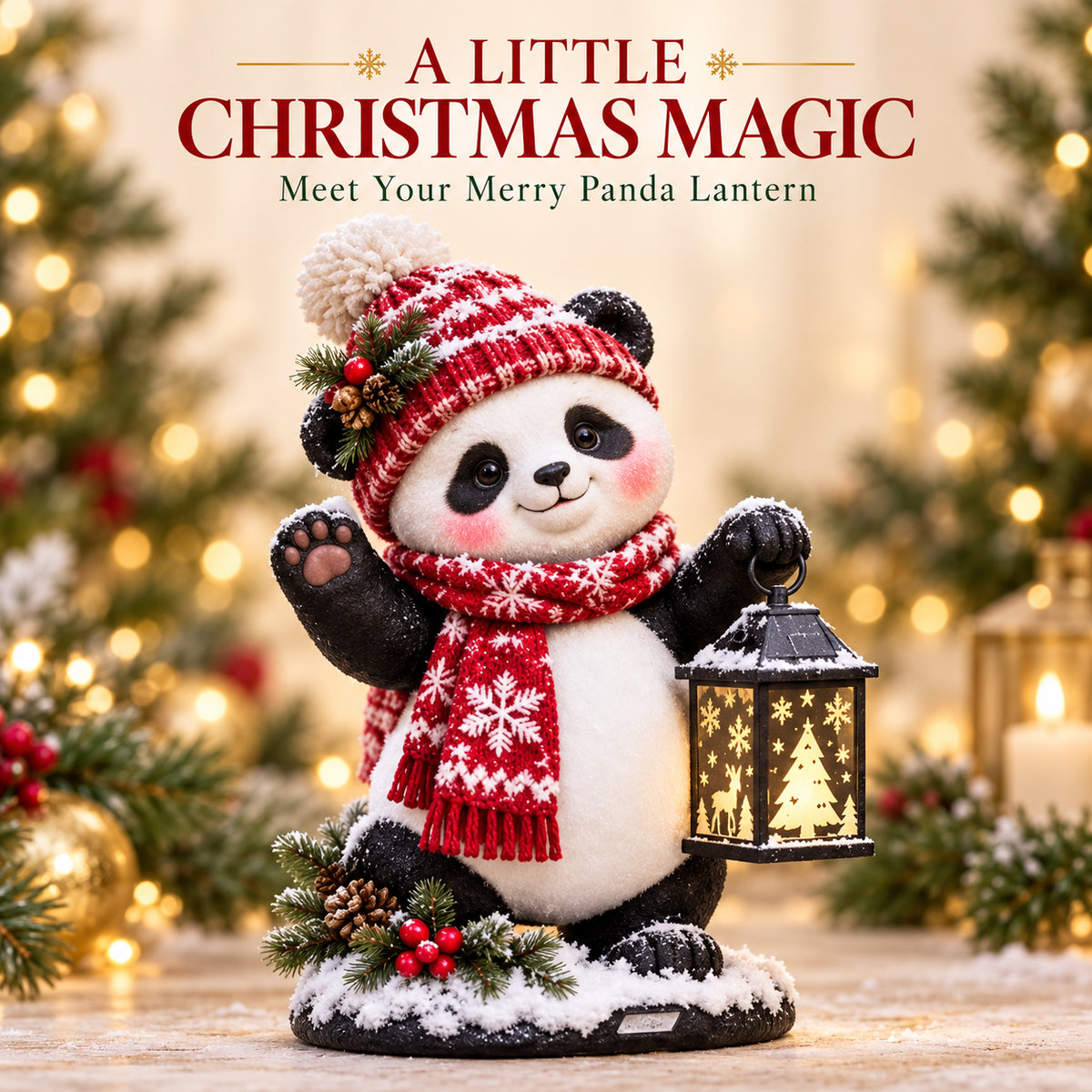 Merry Panda Lantern – Light-Up Christmas Panda Figurine