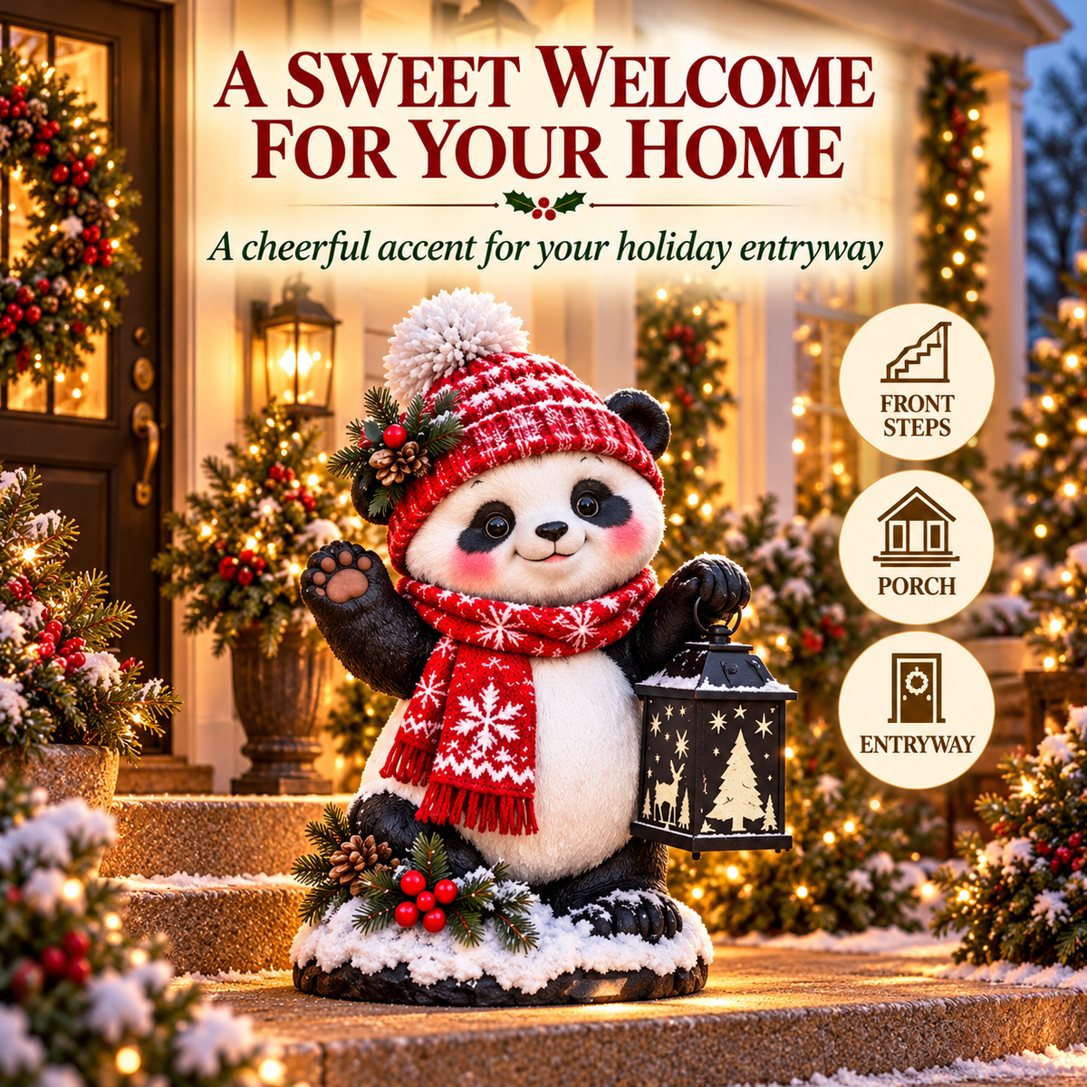 Merry Panda Lantern – Light-Up Christmas Panda Figurine