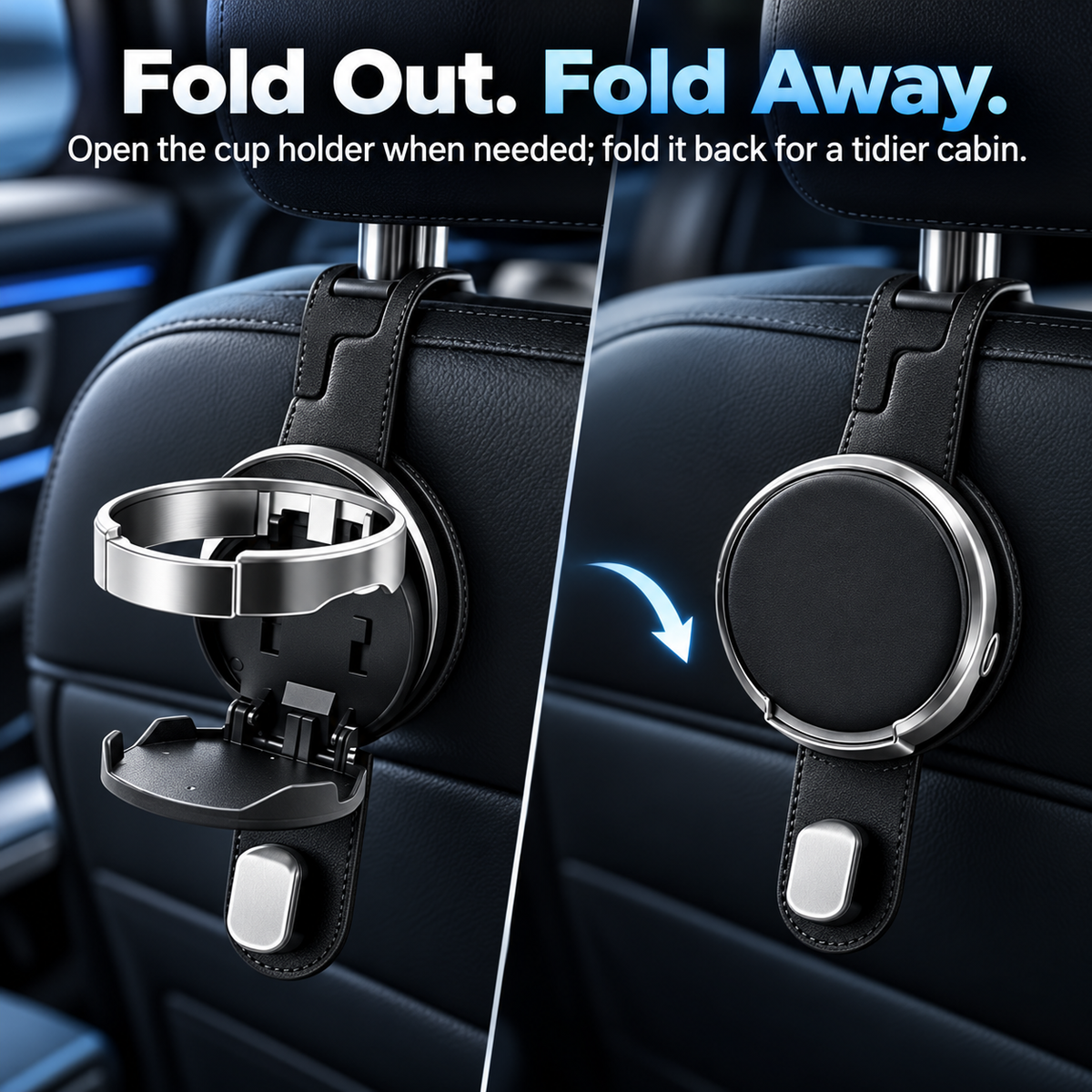 2-in-1 Car Headrest Hook & Foldable Cup Holder