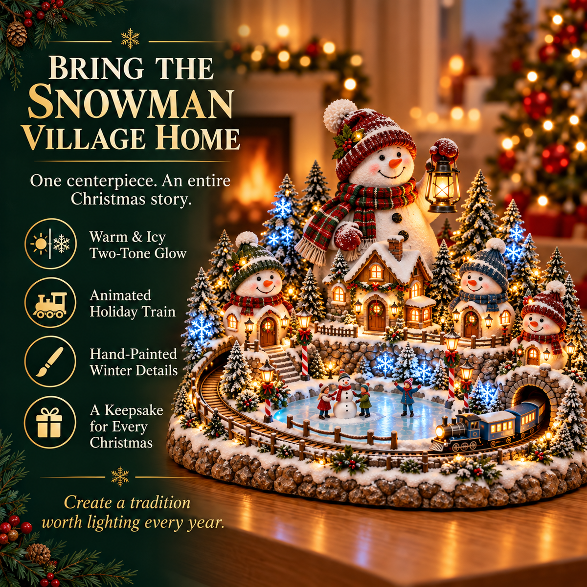 ⛄✨ Snowman Lantern Village™ – Animated Lighted Christmas Train & Winter Village Centerpiece