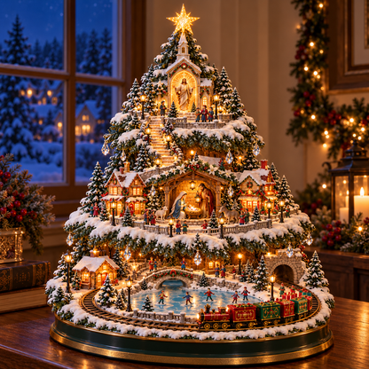 ⛷️ Lighted Christmas Village Tree – With Train& Carousel