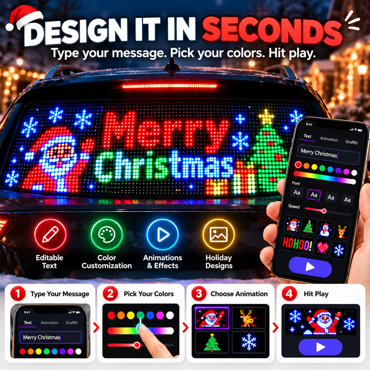 🚗 Smart LED Pixel Car Display – Custom Text, Colors & Animations