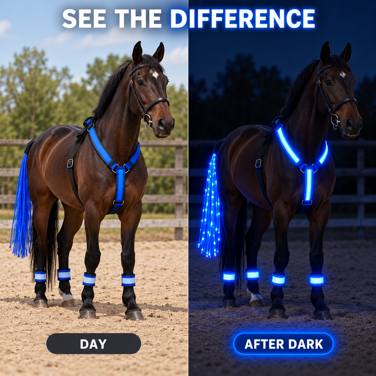 NightGlow™ LED Horse Gear Set – Light-Up Chest Harness, 4 Leg Bands & Tail Strand