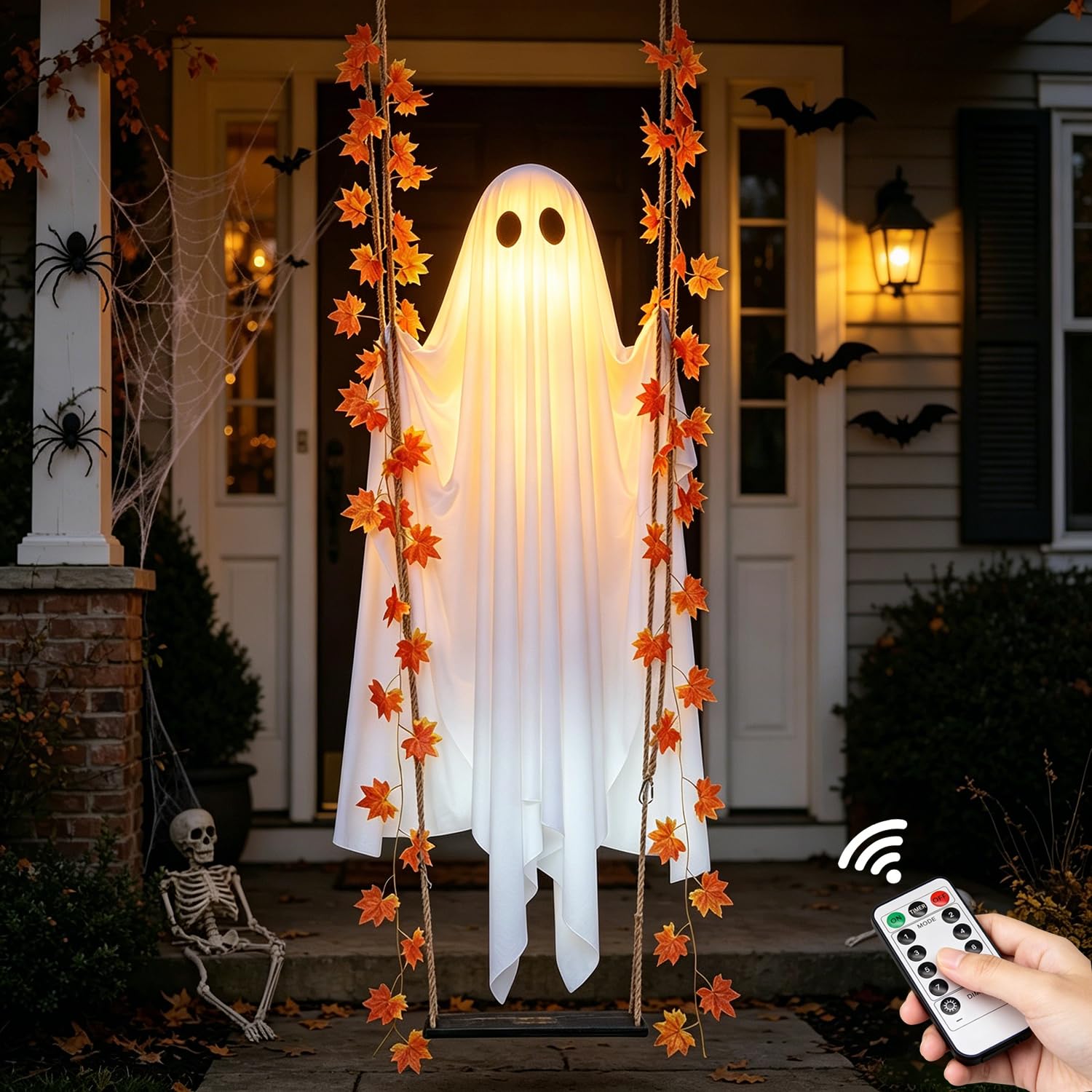 Halloween Decorations Outdoor 3.7FT Pre-Assembled Hanging Swing Ghost with Remote Lights Spooky Hanging Ghosts for Porch Yard Tree Party