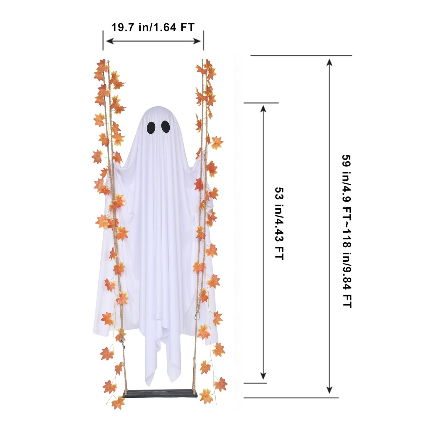 Halloween Decorations Outdoor 3.7FT Pre-Assembled Hanging Swing Ghost with Remote Lights Spooky Hanging Ghosts for Porch Yard Tree Party