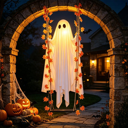Halloween Decorations Outdoor 3.7FT Pre-Assembled Hanging Swing Ghost with Remote Lights Spooky Hanging Ghosts for Porch Yard Tree Party