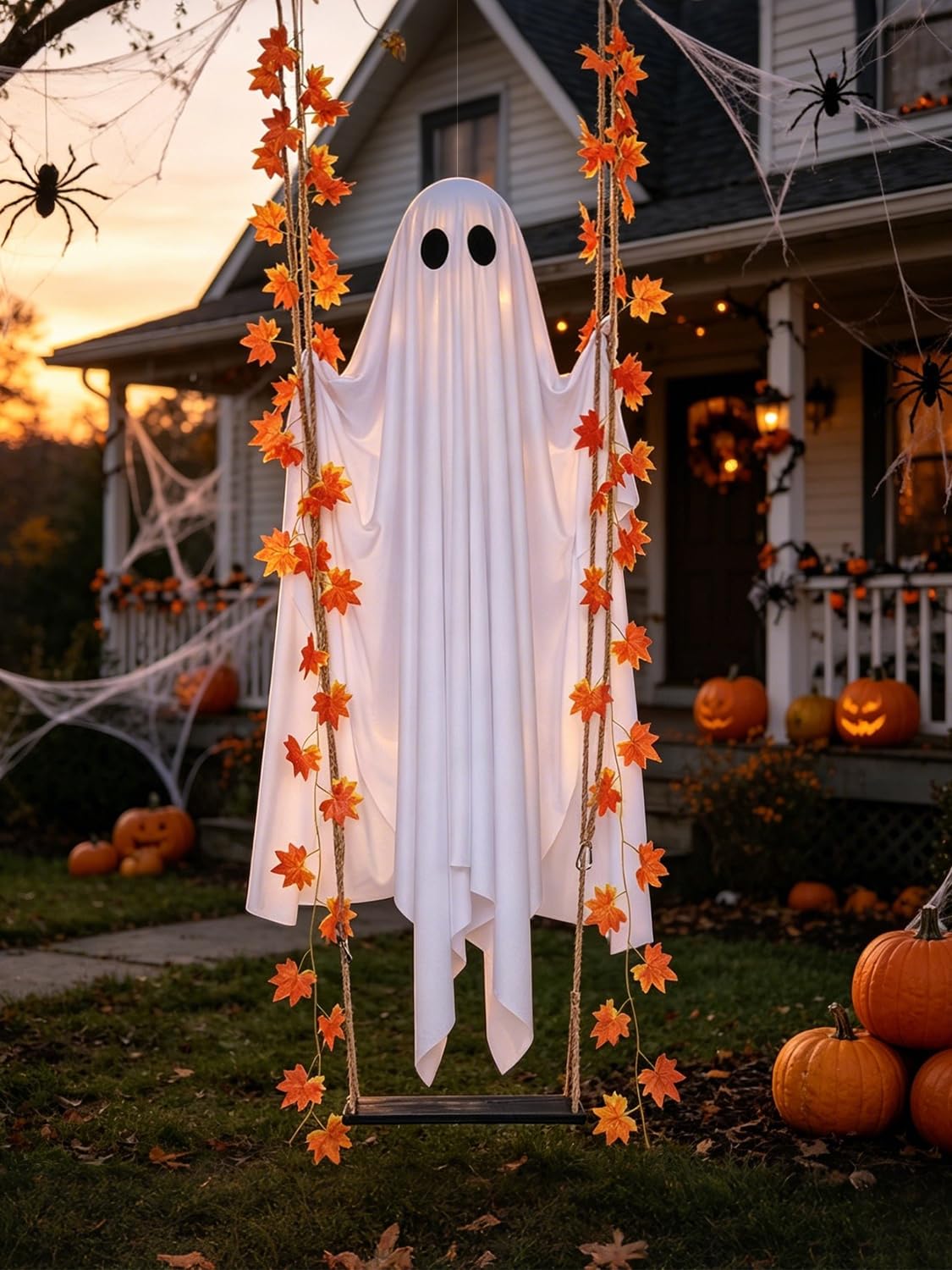 Halloween Decorations Outdoor 3.7FT Pre-Assembled Hanging Swing Ghost with Remote Lights Spooky Hanging Ghosts for Porch Yard Tree Party