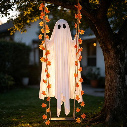 Halloween Decorations Outdoor 3.7FT Pre-Assembled Hanging Swing Ghost with Remote Lights Spooky Hanging Ghosts for Porch Yard Tree Party